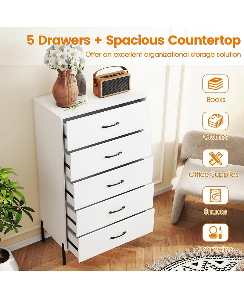 Sugift Five Drawer Tall Chest of Drawers with Metal Legs