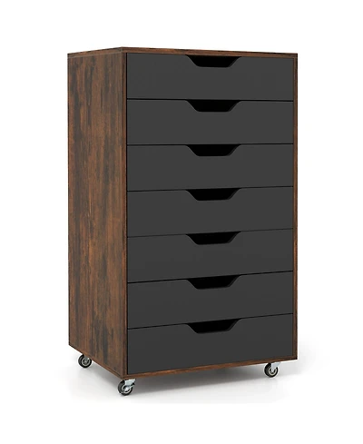 Sugift Seven Drawer Wooden Storage Dresser with Lockable Wheels