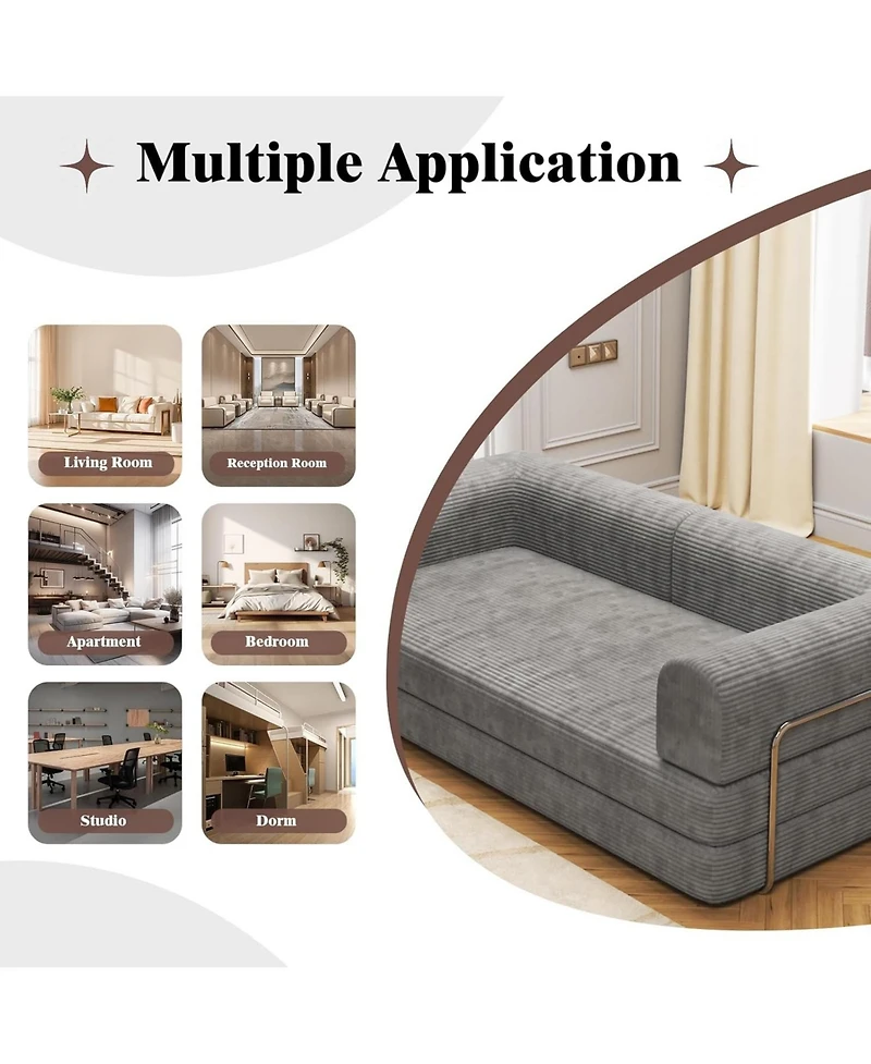 gaomon Convertible Corduroy Sleeper Sofa Bed,Folding Mattress Couch with Fixed-Shape Frame, 3 Seater Fold Out King Size Futon,No Assembly Floor Couch