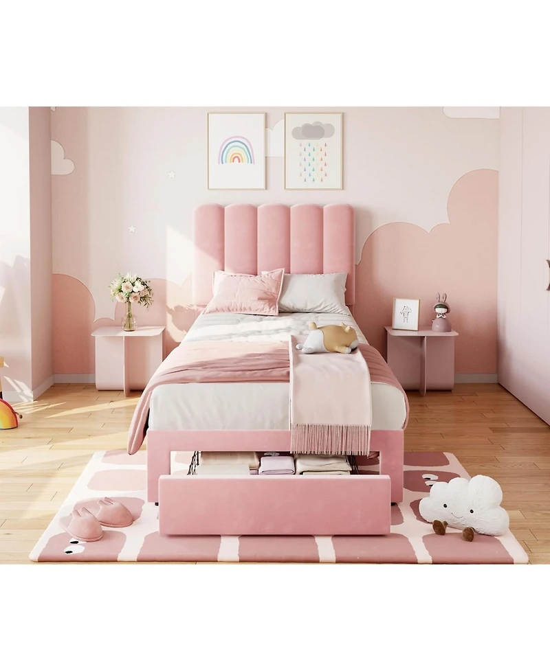 gaomon Velvet Upholstered Bed Frame with Drawers and Wavy Headboard for Girls, Platform Design, Wooden Slats
