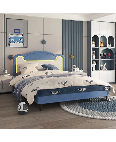 gaomon Led Upholstered Platform Bed, Princess Style, Fabric Headboard, Wood Slats,No Box Spring