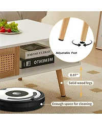 Rainsken Rattan Coffee Table, Rectangle Wooden Center Tables with Sliding Door and Solid Wood Legs for Living Room, Home Office