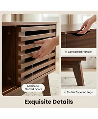 Rainsken Lift Top Coffee Table with Storage, Mid Century Modern Center Table with Sliding Slatted Door and Hidden Compartment for Living Room