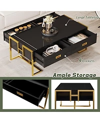 Rainsken Rectangular Coffee Table, Modern 47.4" Center Table with 4 Drawers and Gold Metal Base for Living Room, Home Office