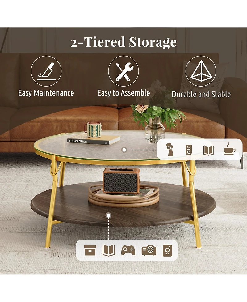 Rainsken Modern Round Walnut 2-Tiered Coffee Table