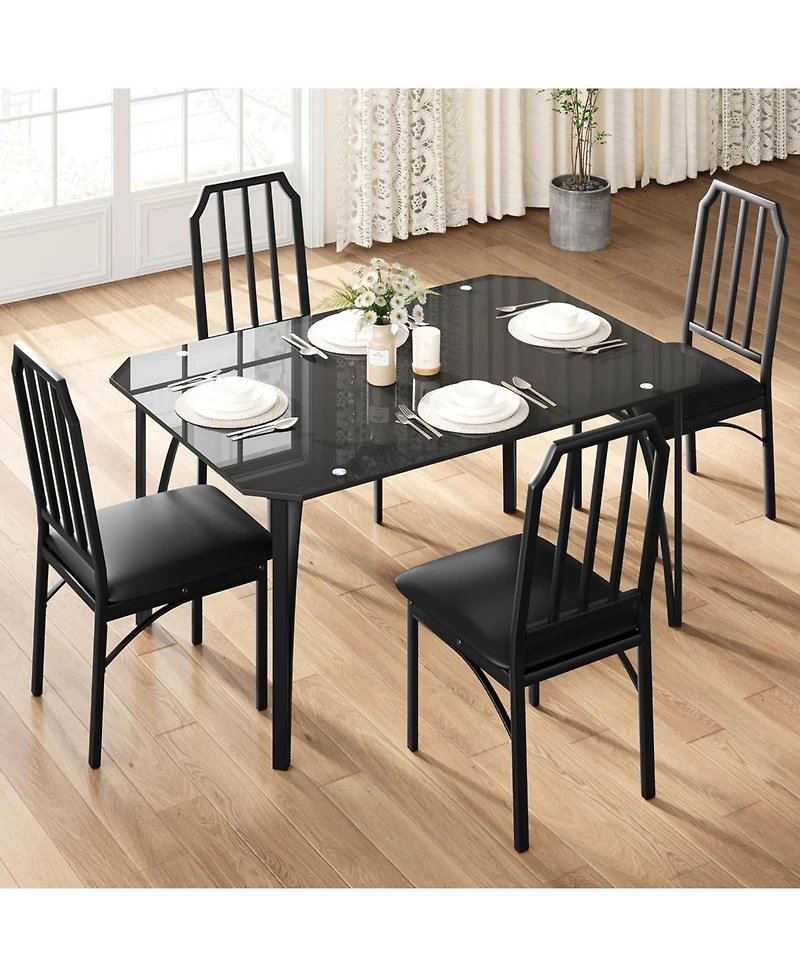 gaomon 5-Piece Dining Table Set for 4, Glass Tabletop, Chamfer Design, Cushion Seats, Kitchen or Dining Room