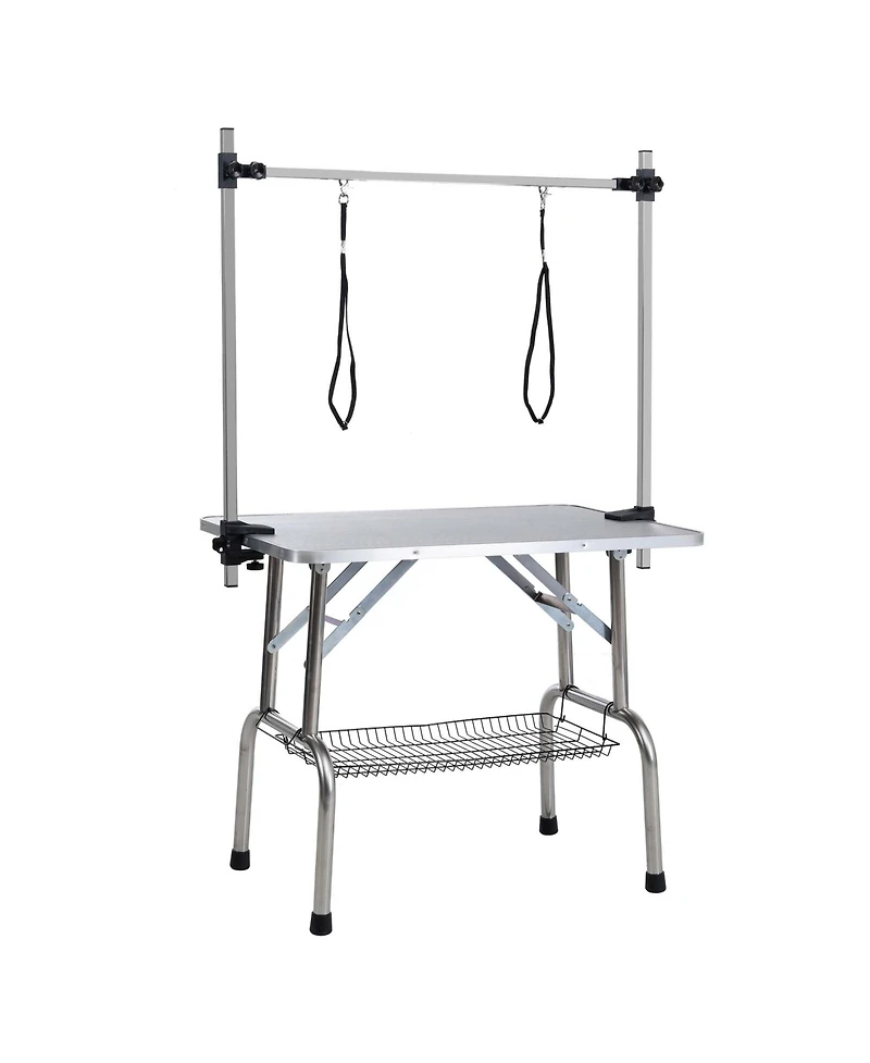 Aostirmotor 42" Silver- Folding Pet Grooming Table with Stainless Steel Frame and Adjustable Arm