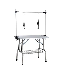 Aostirmotor 42" Silver- Folding Pet Grooming Table with Stainless Steel Frame and Adjustable Arm