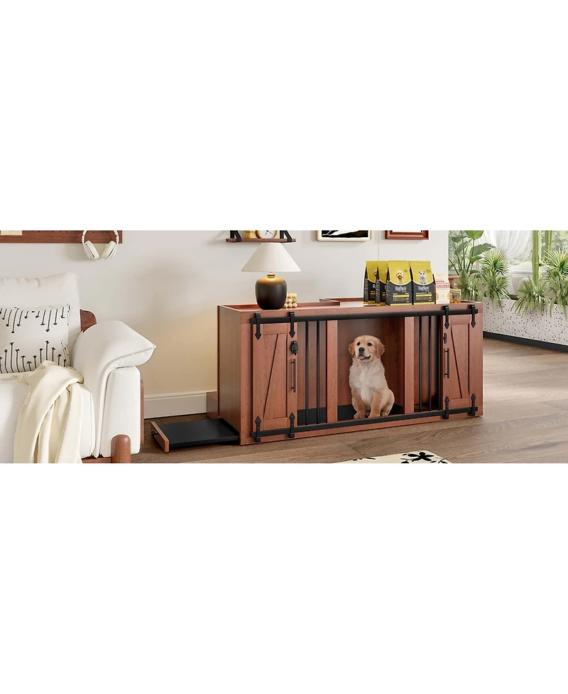 Aostirmotor 56" Walnut 2-in-1 Dog Crate Furniture with Padded Seat and Sliding Barn Door