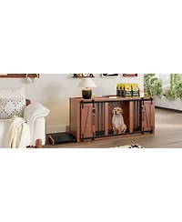 Aostirmotor 56" Walnut 2-in-1 Dog Crate Furniture with Padded Seat and Sliding Barn Door