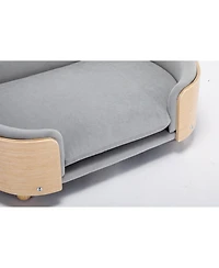 Aostirmotor Mid-Size Light Grey Scandinavian Elevated Dog Bed with Solid Wood Legs and Velvet Cushion