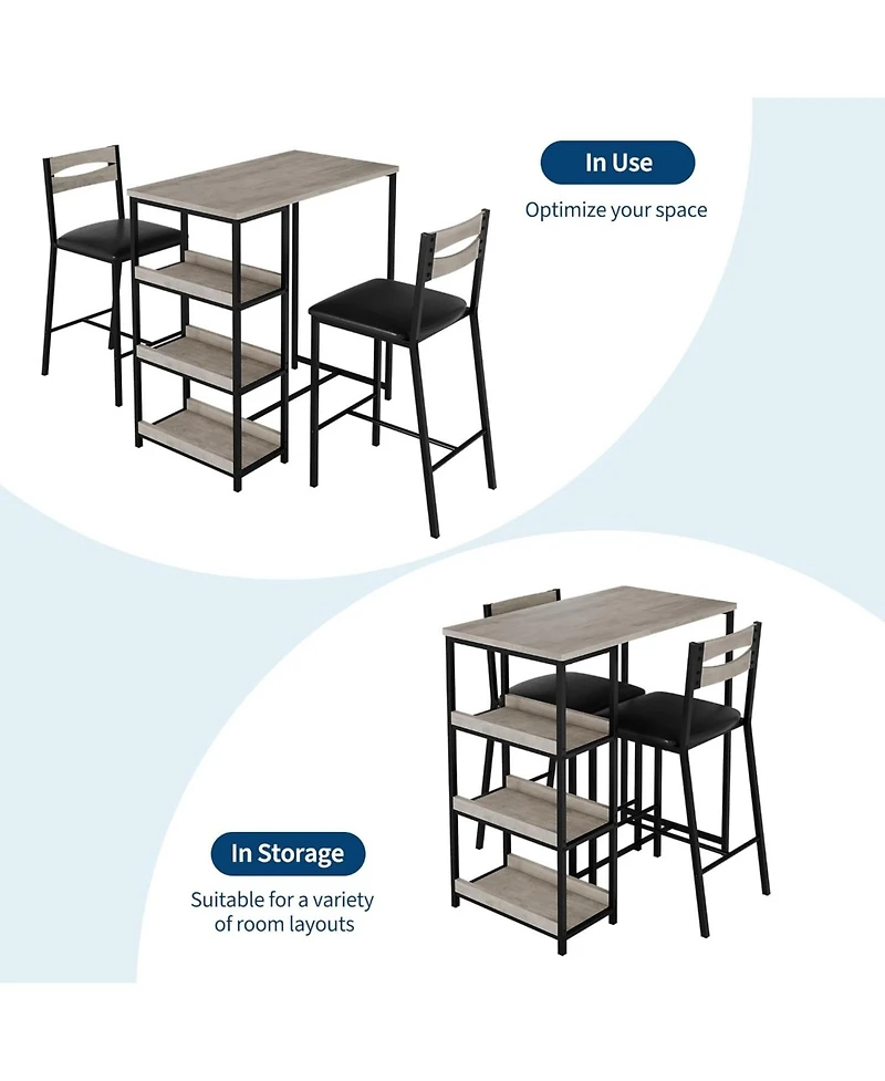 gaomon 3-Piece Kitchen Table Set with Storage & 2 Upholstered Chairs, Industrial Iron & Wood, Space Saving for Apartments