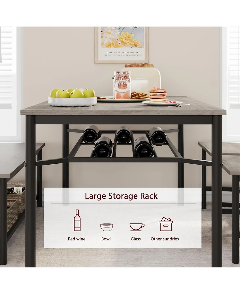 gaomon Farmhouse Dining Table Set for 4, Modern Rectangular Table, 2 Upholstered Chairs, Storage Benches & Rack