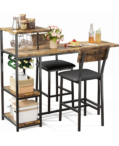gaomon 3-Piece Expandable Dining Table Set for 2, Compact Bar Height Table w/Storage & Wine Rack, Ideal for Small Kitchens