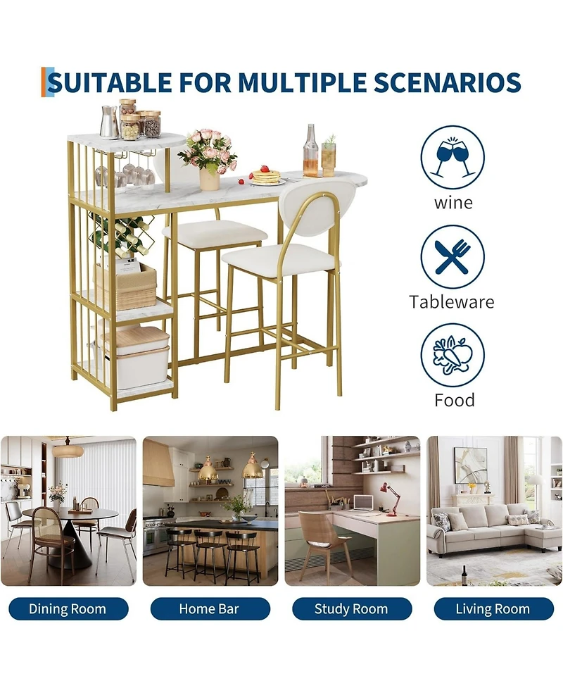 gaomon Expandable 3-Piece Dining Table Set for 2, Bar Table & Chairs with Storage Shelves, Wine Rack