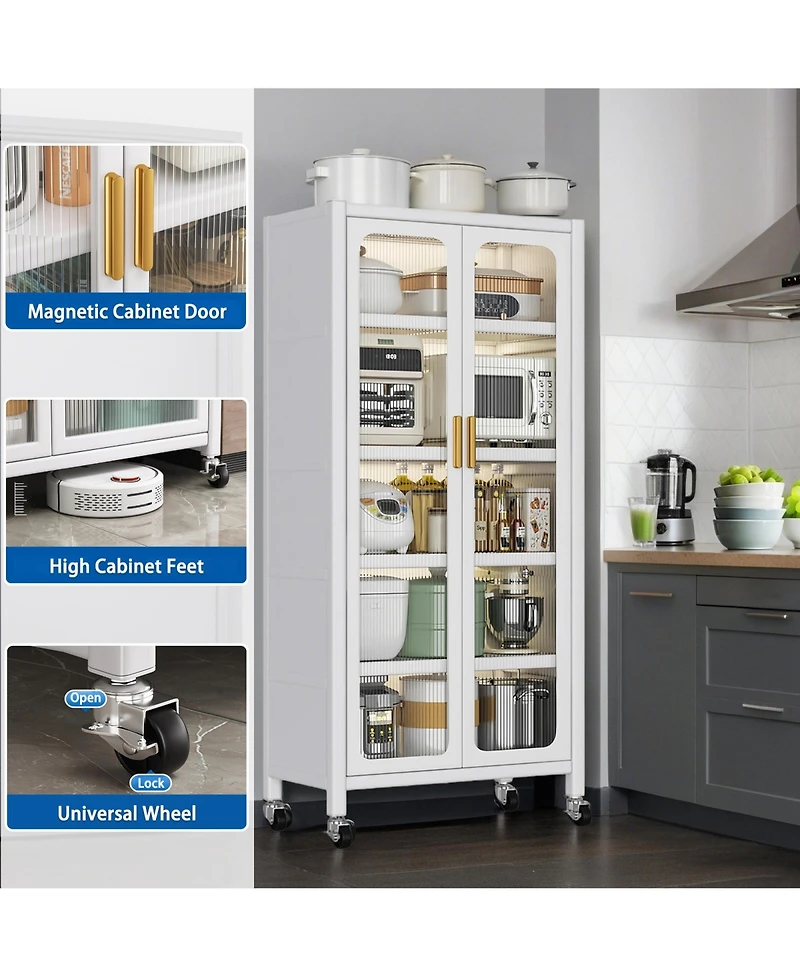 Rainsken 5 Tier Metal Display Storage Cabinet with Transparent Door, Adjustable Shelves and Wheels, Food Pantries Cabinets for Kitchen, Dining Room