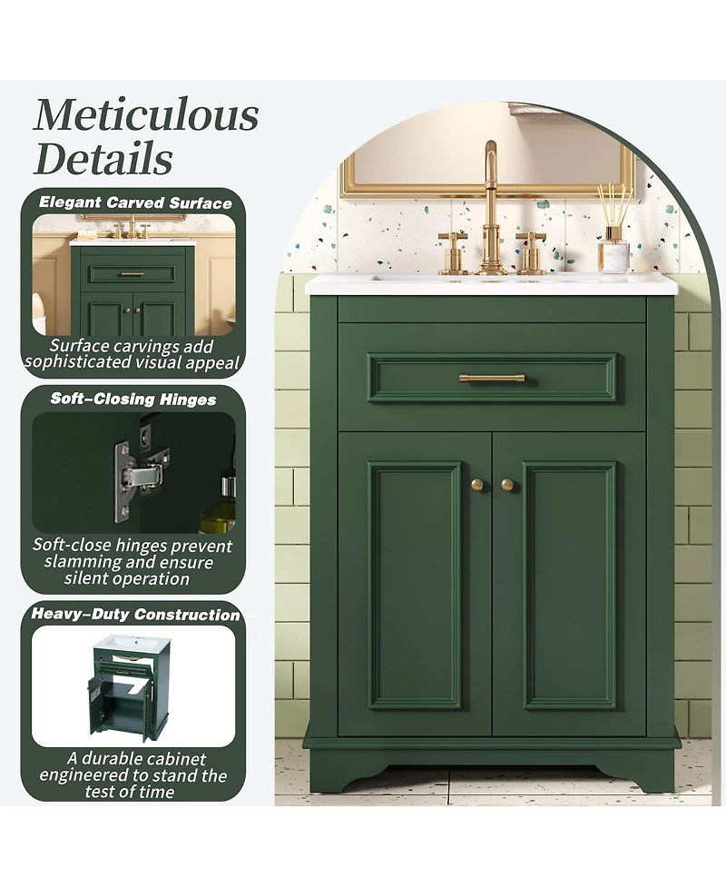 Sillysis 24" Bathroom Vanity with Ceramic Sink, Modern Freestanding Mdf Cabinet, Tip-Out Drawer Soft Close Door for Small Bathrooms