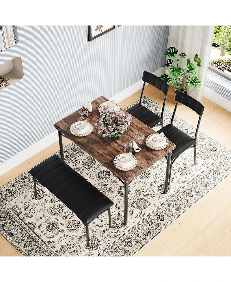 gaomon 5 Piece Dining Set for 4, Rectangular Metal Frame Table with Bench & Upholstered Chairs, Compact Table for Small Spaces