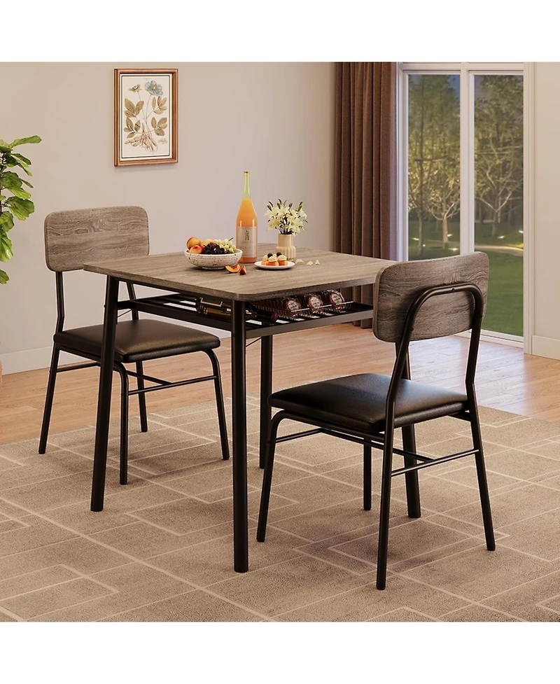 gaomon 3-Piece Dining Table Set for 2, Small Table with 2 Upholstered Chairs, Square Table with Storage, Metal Legs for Apartment