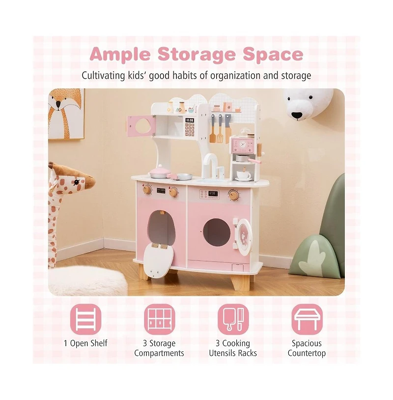 Hongge Wooden Kids Kitchen Playset with Coffee Maker for kids