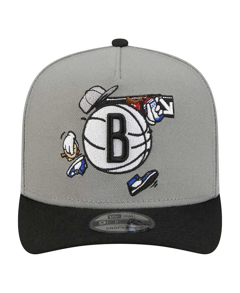 New Era Men's Gray Brooklyn Nets Injection Cartoon Logo A-Frame 9FIFTY Adjustable Hat