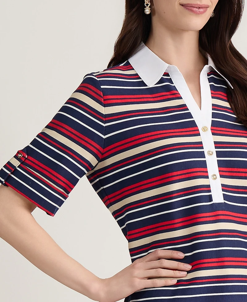 Jones New York Petite Collared Neck Elbow Roll Cuff T-Shirt