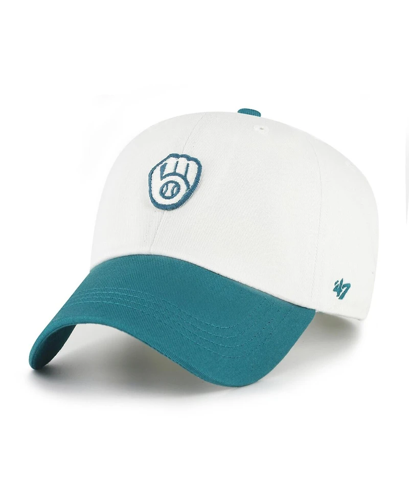 '47 Brand Men's White/Teal Milwaukee Brewers Contemporary Tonal Clean Up Adjustable Hat