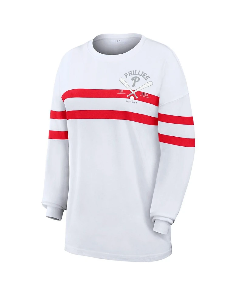 Wear by Erin Andrews Women's White Philadelphia Phillies Oversized Long Sleeve Striped T-Shirt