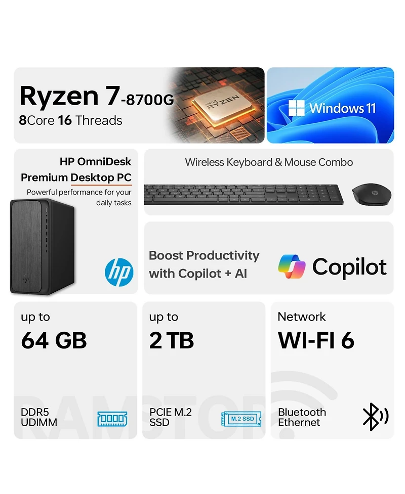 Hp OmniDesk Tower Desktop Amd Ryzen 7 64GB Ram Amd Radeon Graphics 1TB Ssd Storage Windows 11 Pro