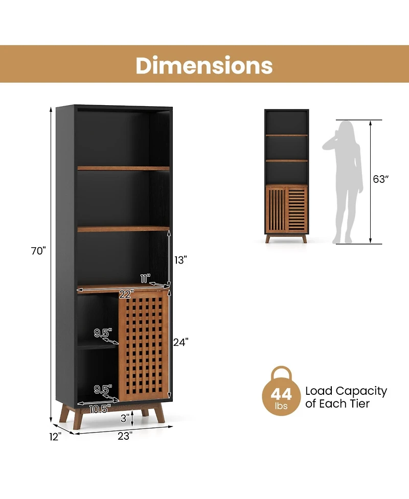 Slickblue Tall 70" Bookcase 5-Tier with Adjustable Storage Shelf