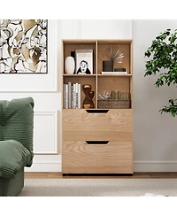 Sugift Tall Freestanding Bookcase with Drawers and Open Shelves
