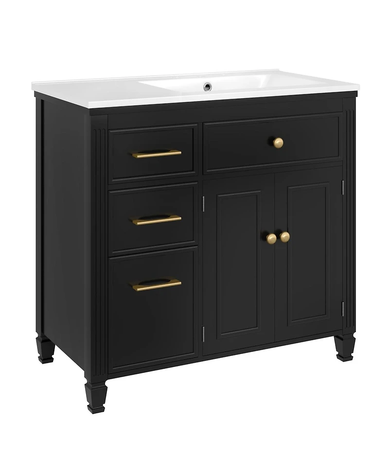 Sillysis 36" Bathroom Vanity with Ceramic Sink, Freestanding Cabinet Tip-Out & Side Drawers, Adjustable Shelf, Modern Storage