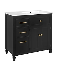 Sillysis 36" Bathroom Vanity with Ceramic Sink, Freestanding Cabinet Tip-Out & Side Drawers, Adjustable Shelf, Modern Storage
