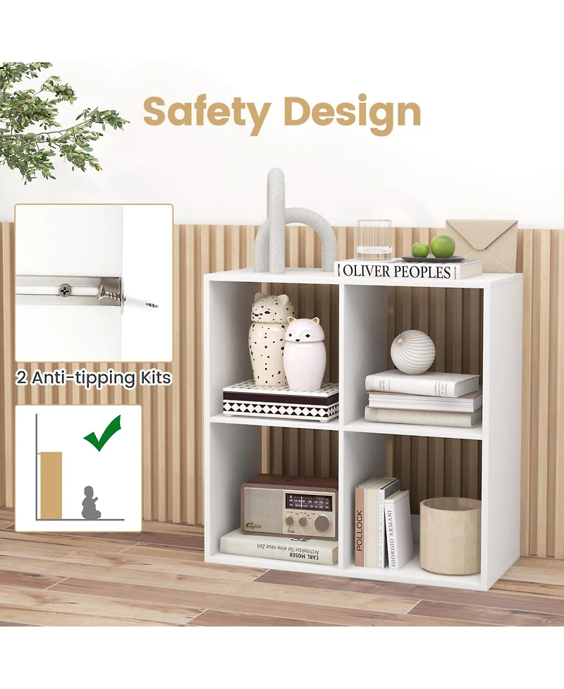 Sugift 4 Cube Bookshelf with Back Guardrail for Living Room Bedroom