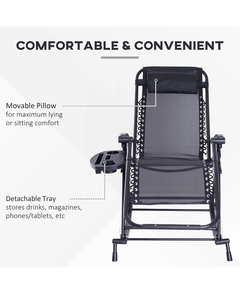 Outsunny Zero Gravity Reclining Rocking Chair, Lounge Rocker, Folding, Pillow, Side Tray, Cup and Phone Holder