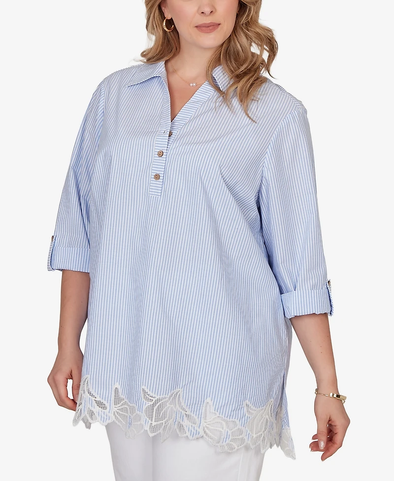 Ruby Rd. Plus Coastal Stripe Lace-Hem Henley Top