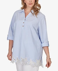 Ruby Rd. Plus Coastal Stripe Lace-Hem Henley Top