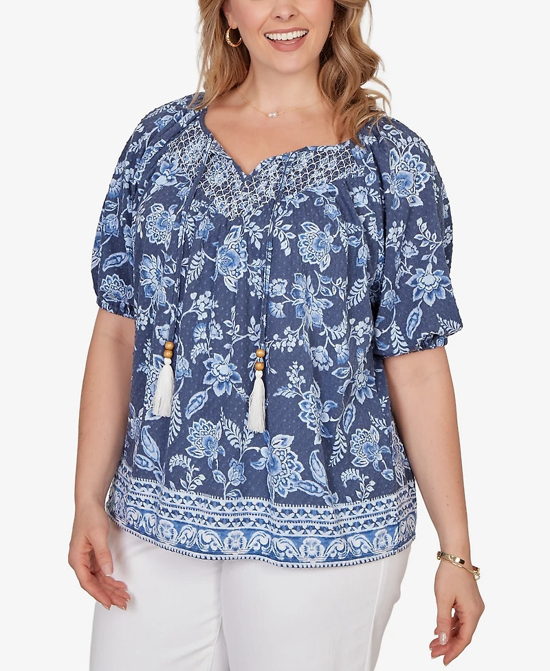 Ruby Rd. Plus Smocked Floral Clip Dot Top