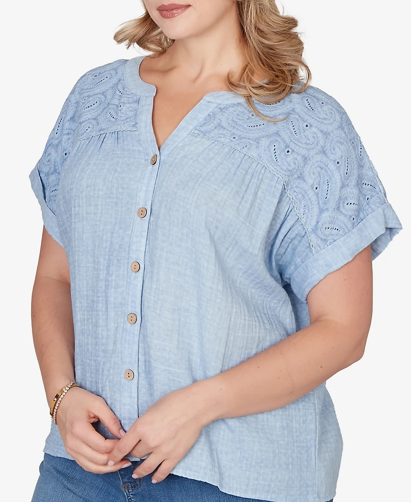 Ruby Rd. Plus Paisley Embroidered Gauze Button T-Shirt