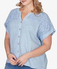 Ruby Rd. Plus Paisley Embroidered Gauze Button T-Shirt