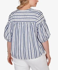 Ruby Rd. Plus Striped Cotton Poplin Elastic Cuff Top