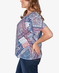 Ruby Rd. Plus Patchwork Shirred Crew Neck T-Shirt
