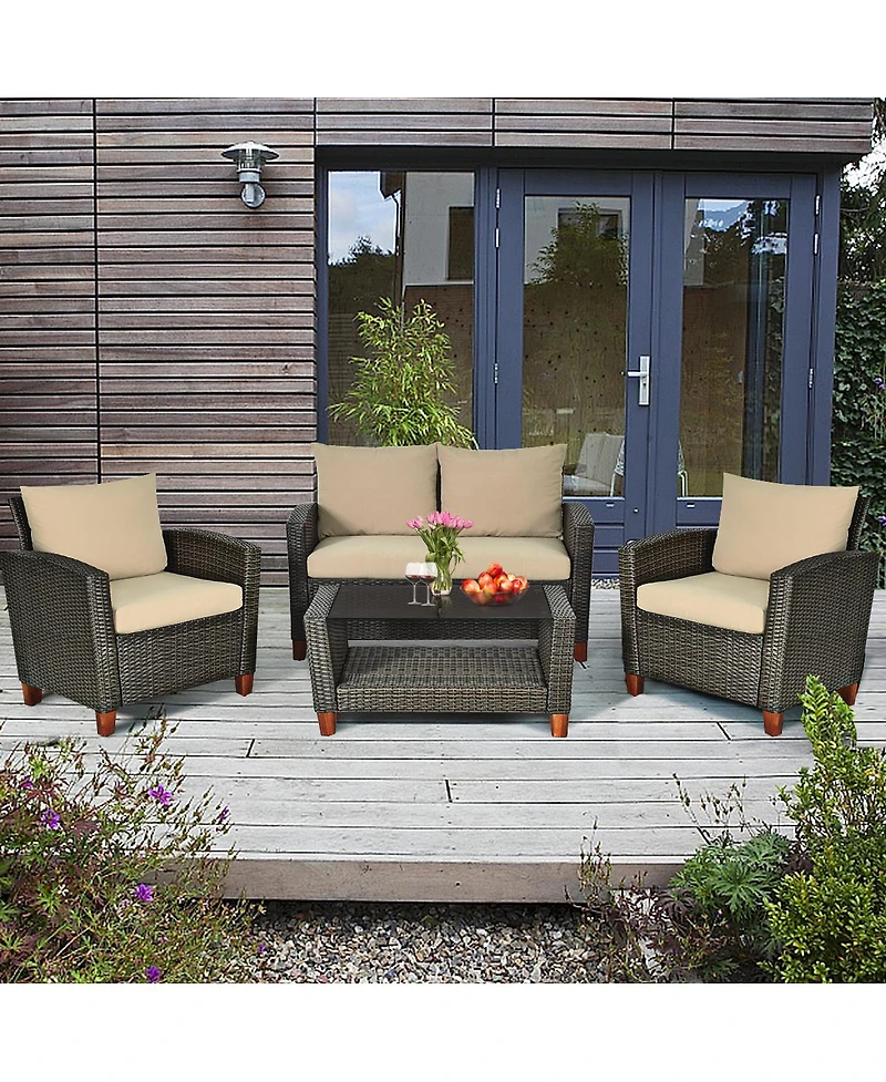 Gymax 4PCS Cushioned Rattan Conversation Set w/ Coffee Table Patio Outdoor