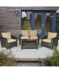 Gymax 4PCS Cushioned Rattan Conversation Set w/ Coffee Table Patio Outdoor
