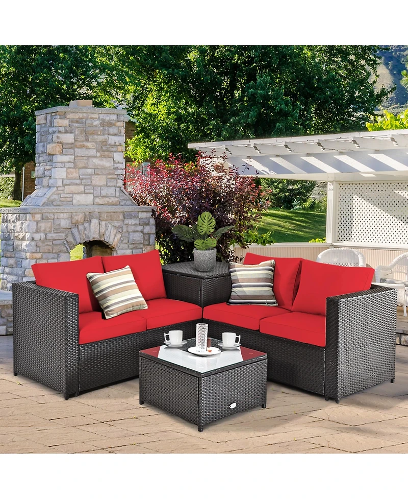 Gymax 4PCS Cushioned Rattan Patio Conversation Set w/ Side Table Cushion