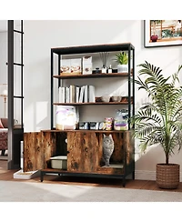 Gymax 57'' Cat Litter Box Enclosure w/ Storage 2-tier Shelves Removable Scratcher