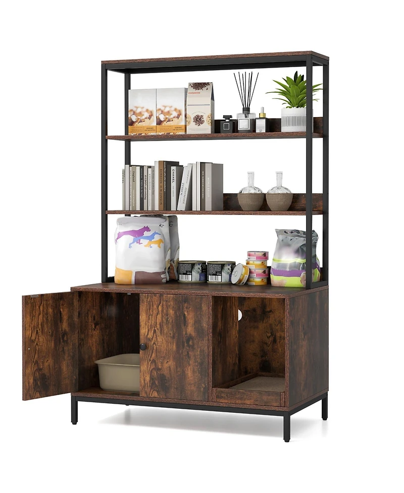 Gymax 57'' Cat Litter Box Enclosure w/ Storage 2-tier Shelves Removable Scratcher