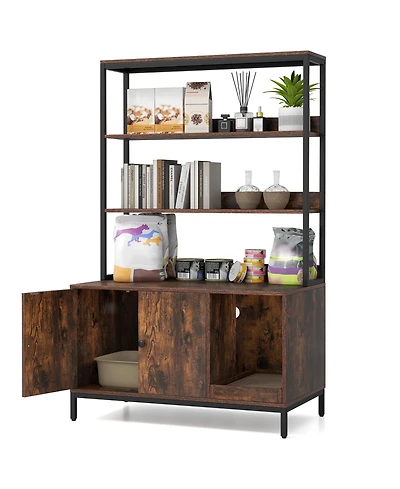 Gymax 57'' Cat Litter Box Enclosure w/ Storage 2-tier Shelves Removable Scratcher