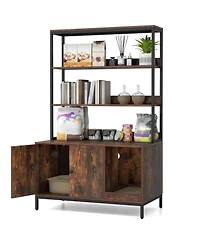 Gymax 57'' Cat Litter Box Enclosure w/ Storage 2-tier Shelves Removable Scratcher