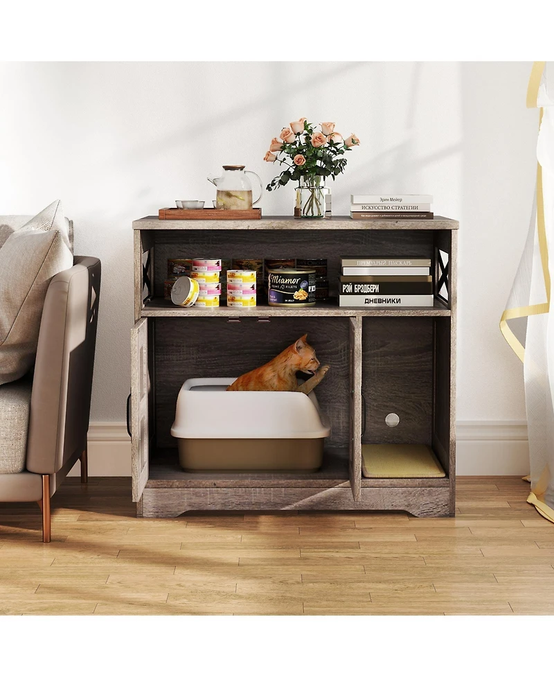 Gymax Cat Litter Box Enclosure w/ Storage Double Doors Sisal Scratching Mat Indoor